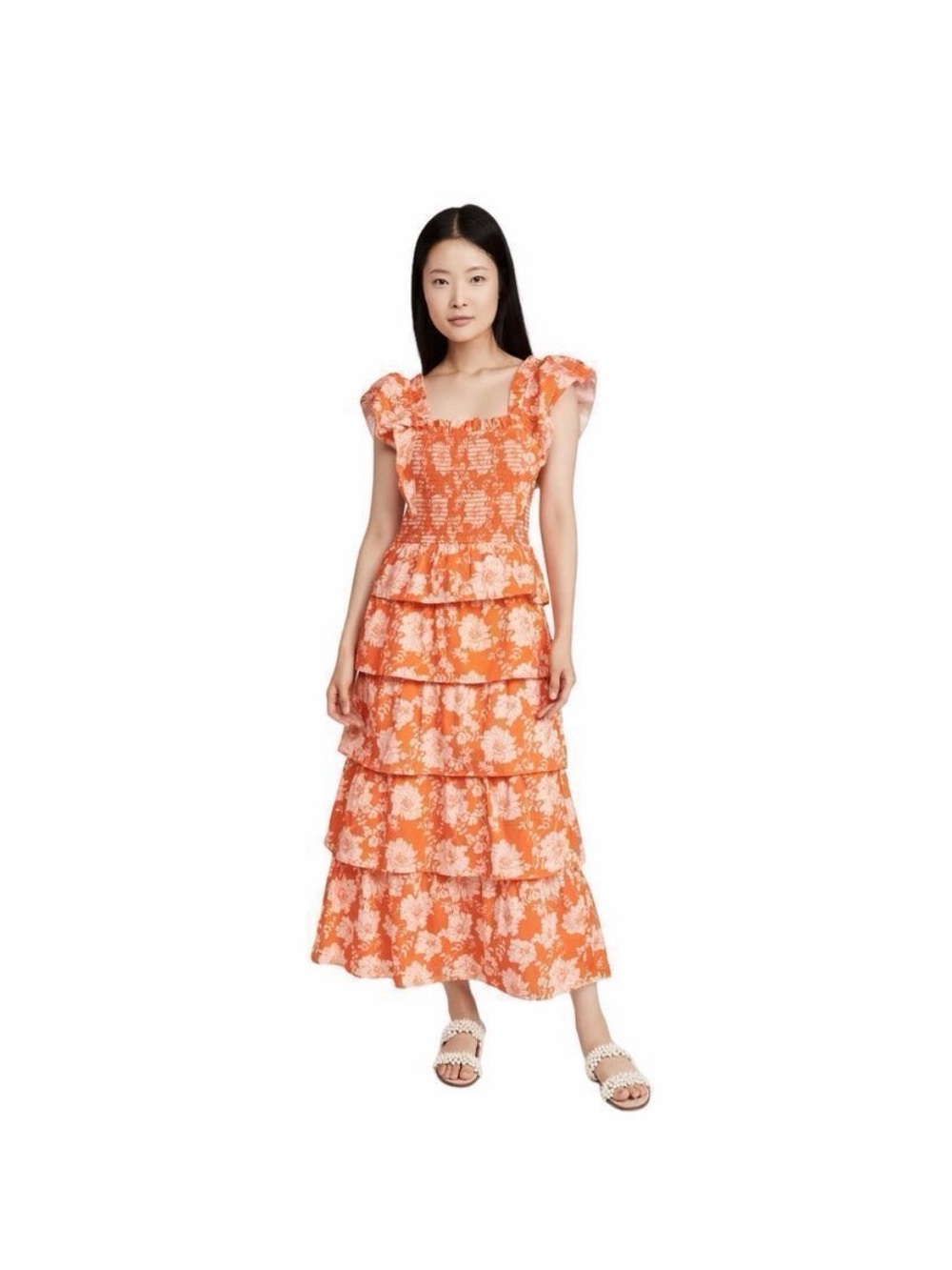 Saylor Orange Linley Smocked Bodice Tiered Maxi Dress X-Small